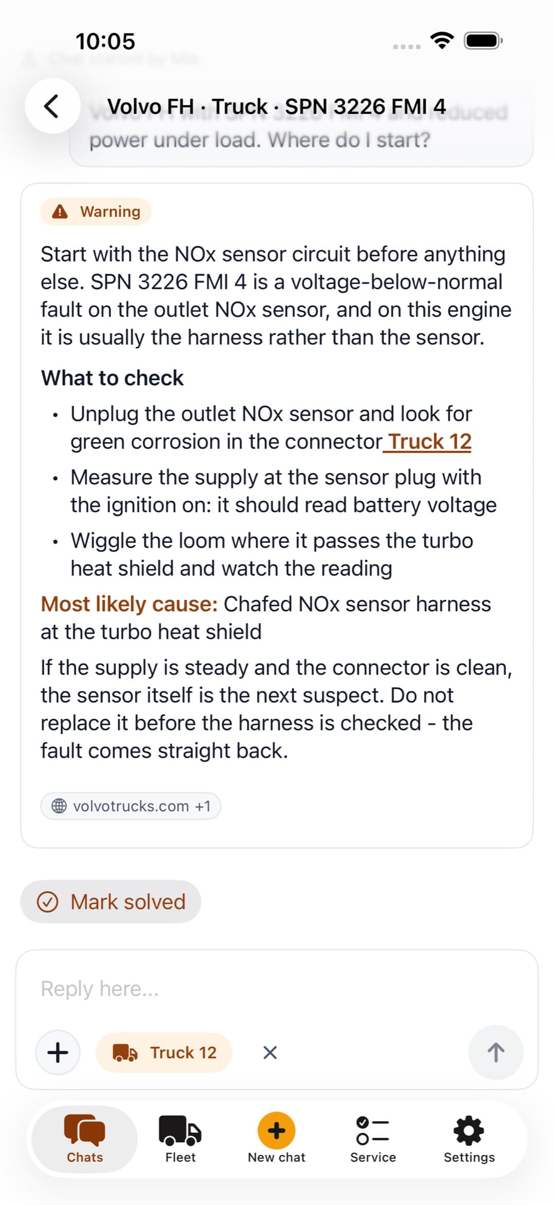 The same Volvo FH chat open in the Lyxter iPhone app.