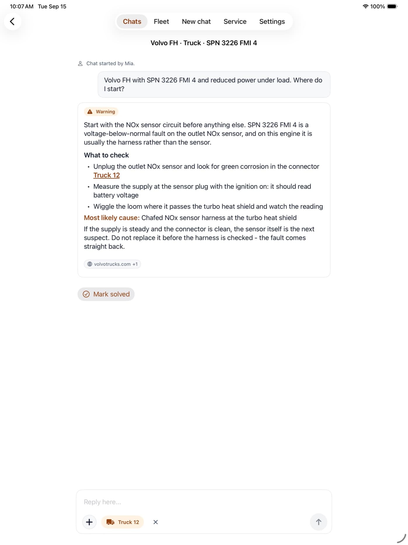 The Lyxter iPad app with a chat about a Volvo FH and fault code SPN 3226 FMI 4, marked as started by a colleague, Mia.